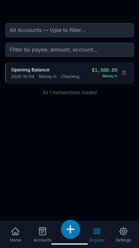 4 · Save and verify. Tap the checkmark, then Register to see the saved entry.