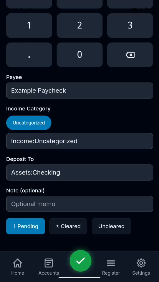 2 · Set payee and category. Enter Example Paycheck. Choose an income category.