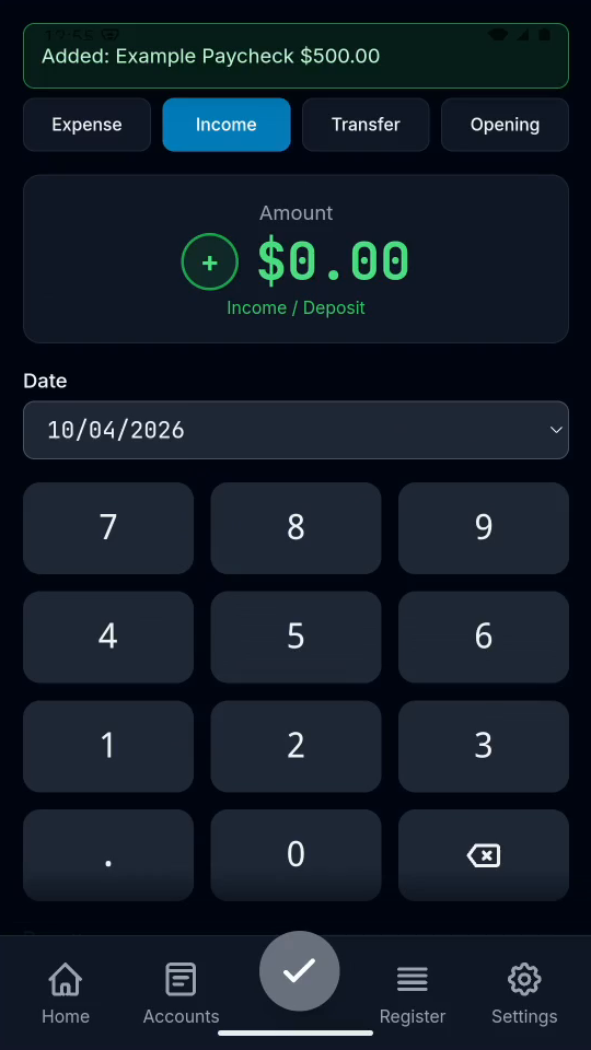 3 · Choose the deposit account. Deposit to Assets:Checking, then tap the checkmark.