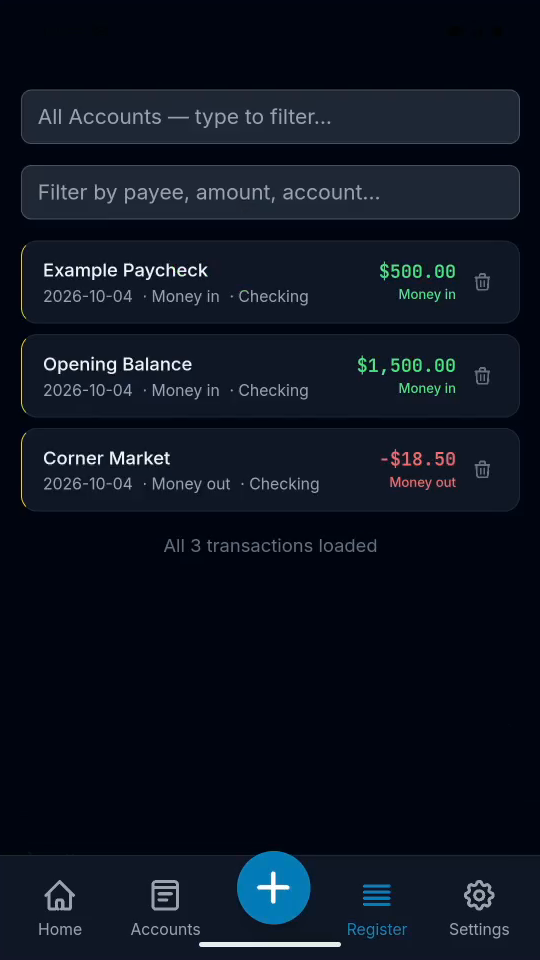 4 · Verify in Register. Open Register and check the saved income.