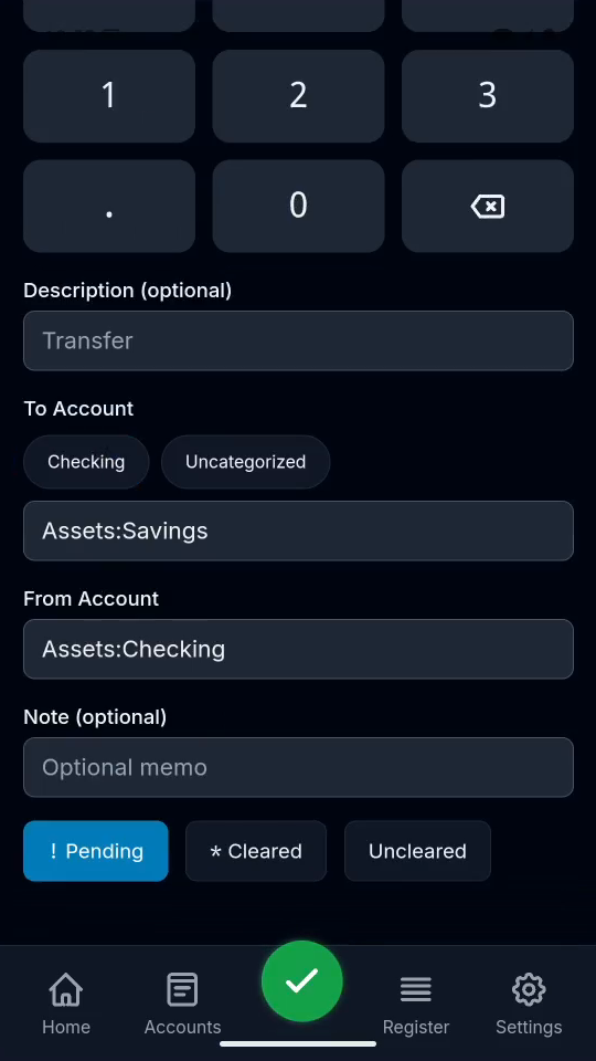 2 · Choose the destination. Choose Assets:Savings as the receiving account.