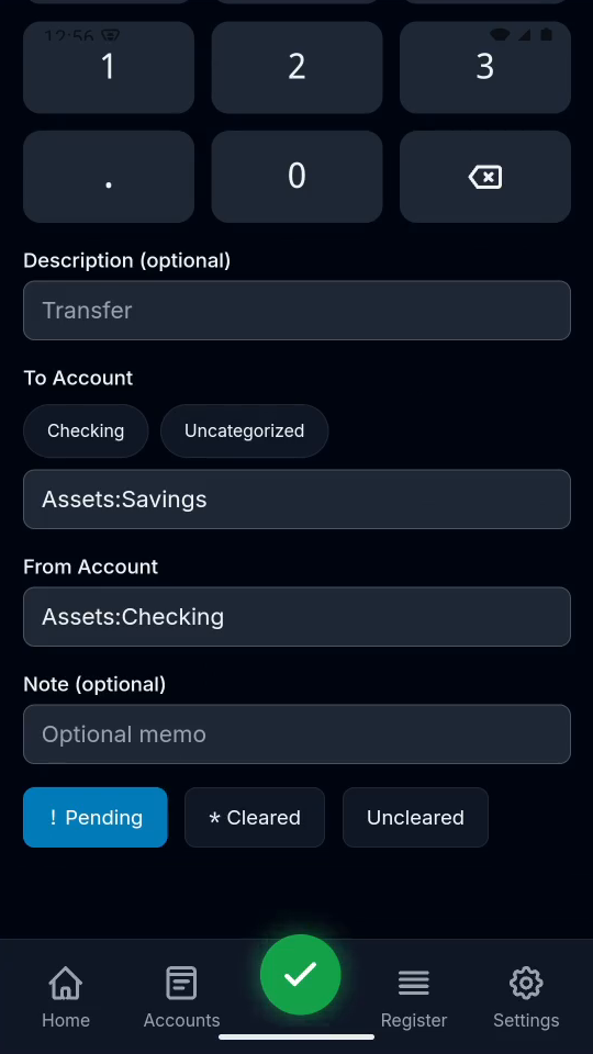 3 · Choose the source. Choose Assets:Checking as the source account.
