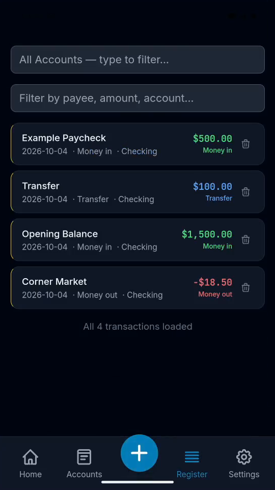 4 · Save and verify. Tap the checkmark, then Register. Check the transfer entry.