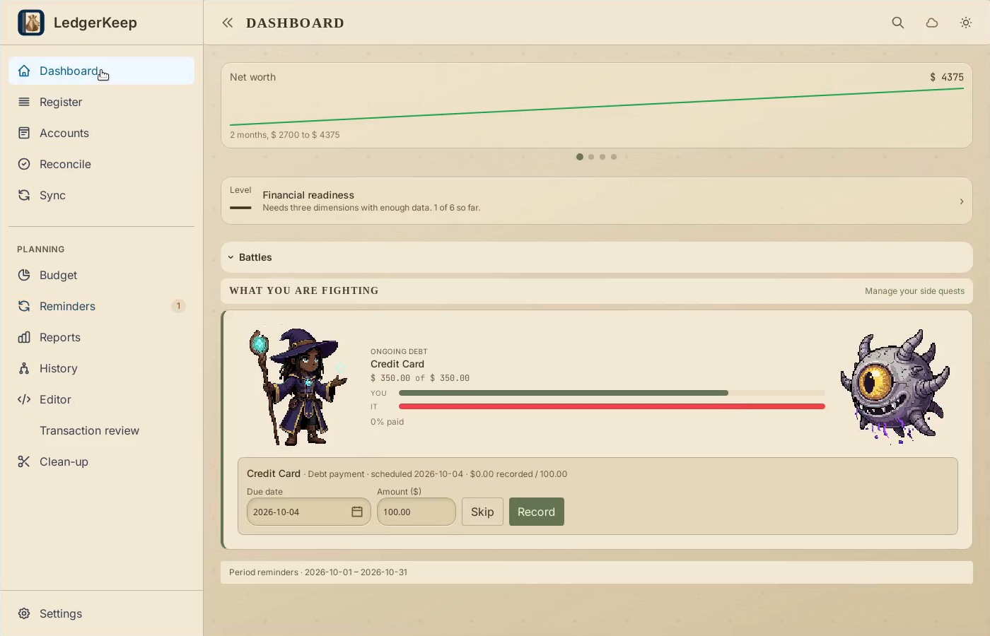 4 · Return to the battle. Open Dashboard. The payment controls appear under Credit Card.