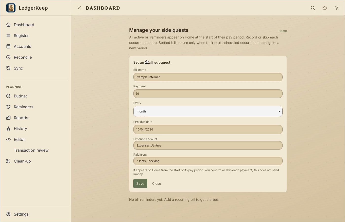 3 · Choose both accounts. Use Expenses:Utilities and pay from Assets:Checking.