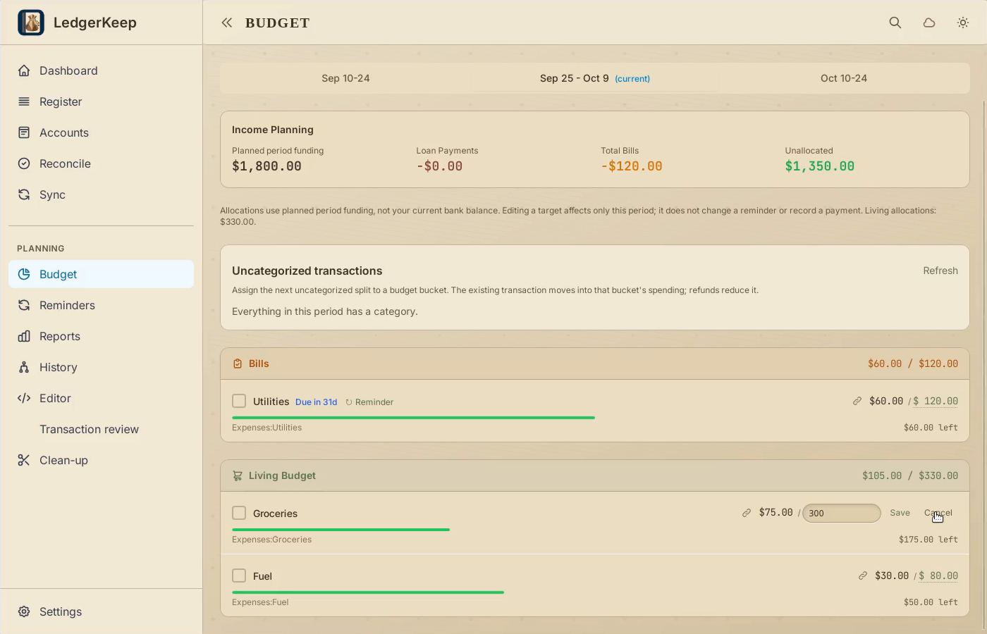 2 · Edit the target. Click the Groceries allocation. Enter 300.
