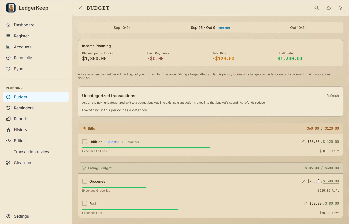 4 · Compare target and spending. Groceries shows $75 spent of $300, leaving $225. No transaction was added.