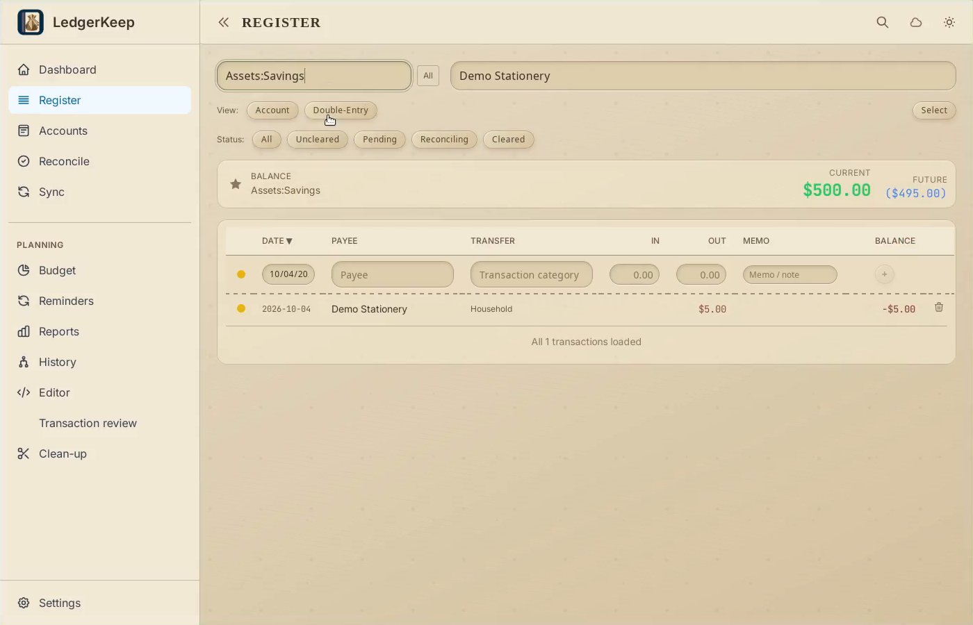 1 · Use the account view. Choose Assets:Savings in Register. The filtered entry stays visible.