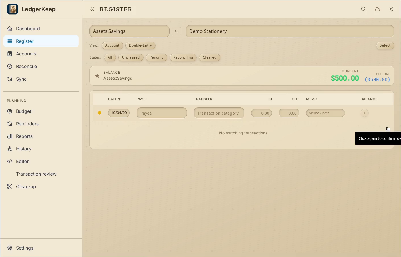 5 · Verify the result. No matching transactions remain for Demo Stationery. Other entries are untouched.