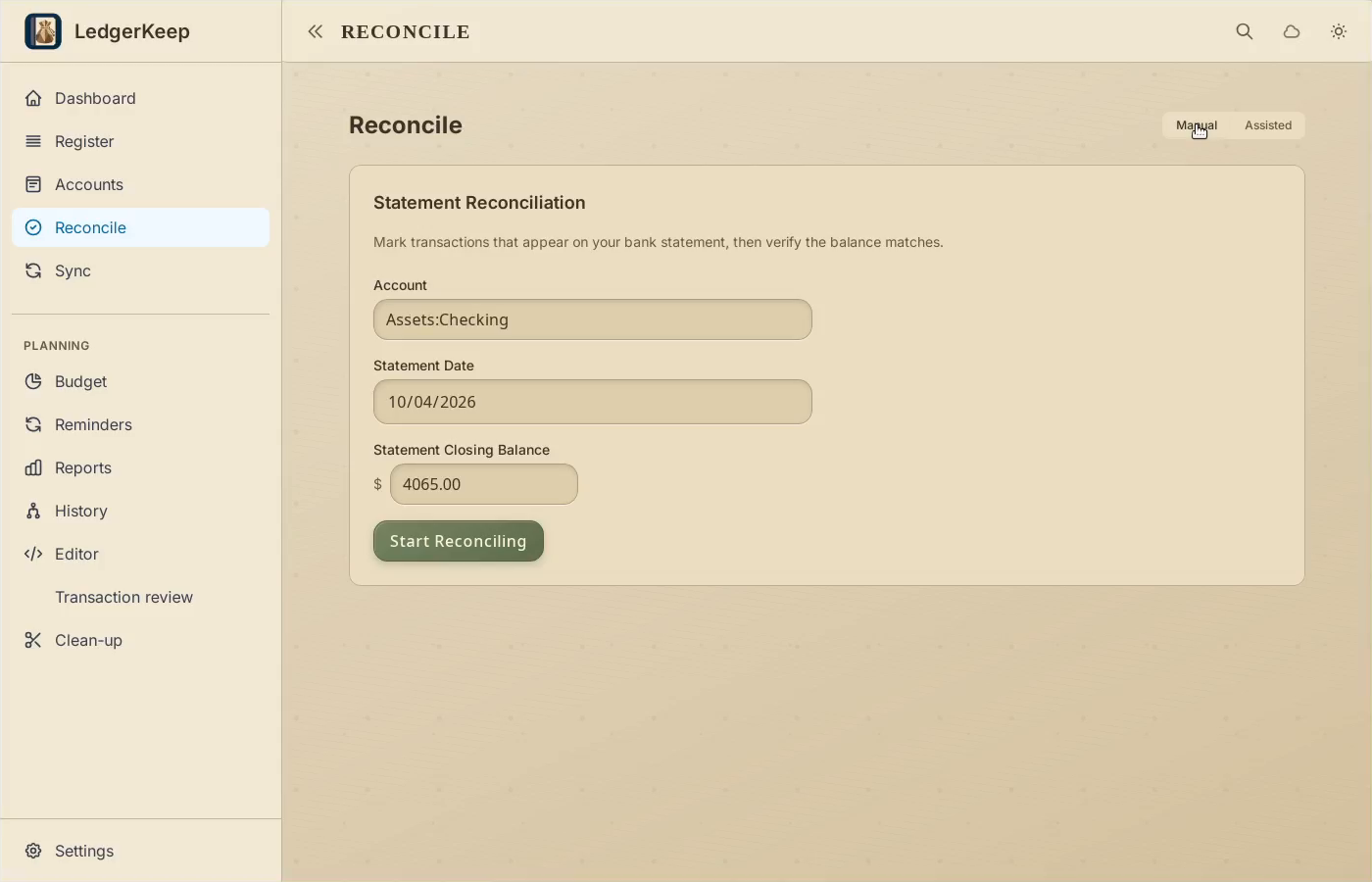 1 · Enter the statement details. Open Reconcile > Manual. Choose Checking, October 4, and a $4,065 closing balance.