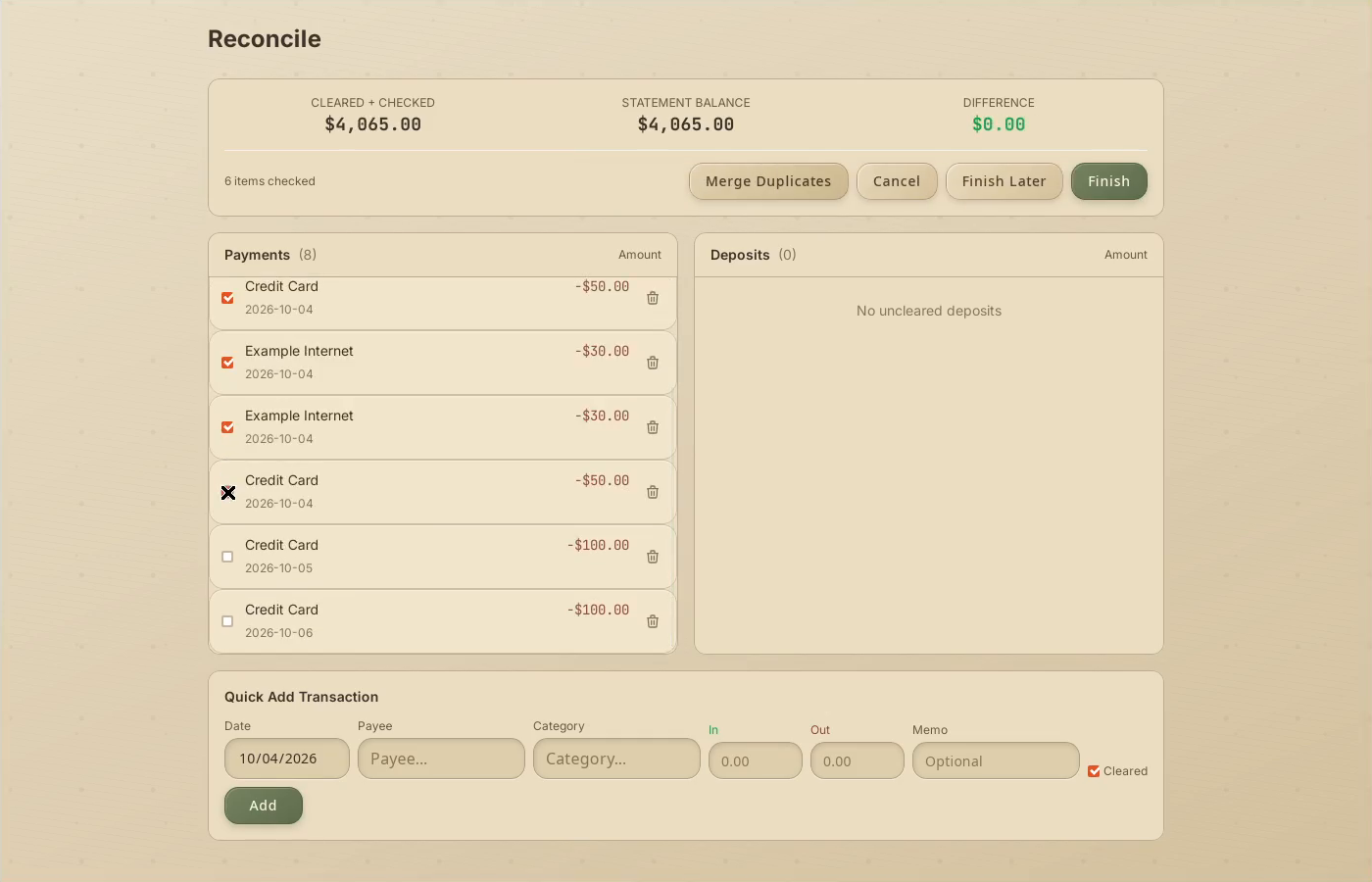 3 · Check matching entries. Check the six payments through October 4. Leave later payments unchecked.