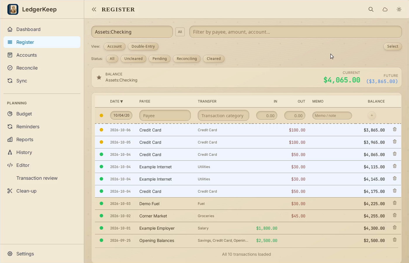 5 · Finish and review. Click Finish. Register shows the reconciled entries as cleared.