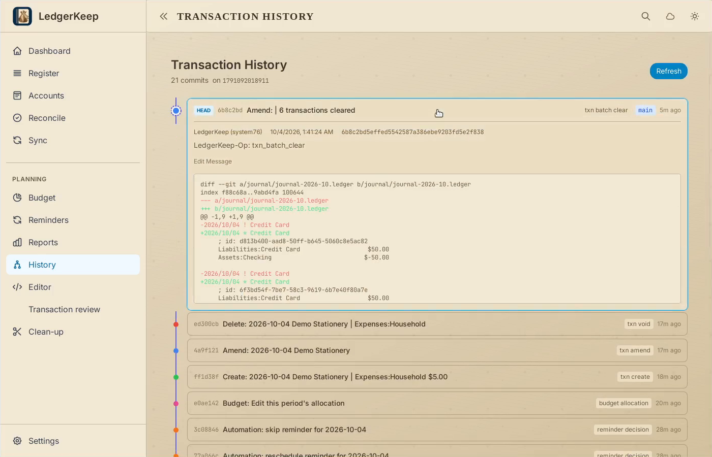 2 · Expand a change. Select the newest entry: six transactions cleared. The detail shows changed lines.