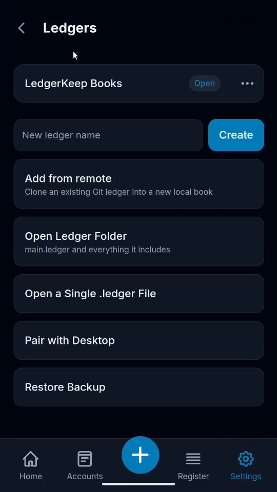 1 · Open your ledger list. In Settings, scroll to Project and tap Manage.