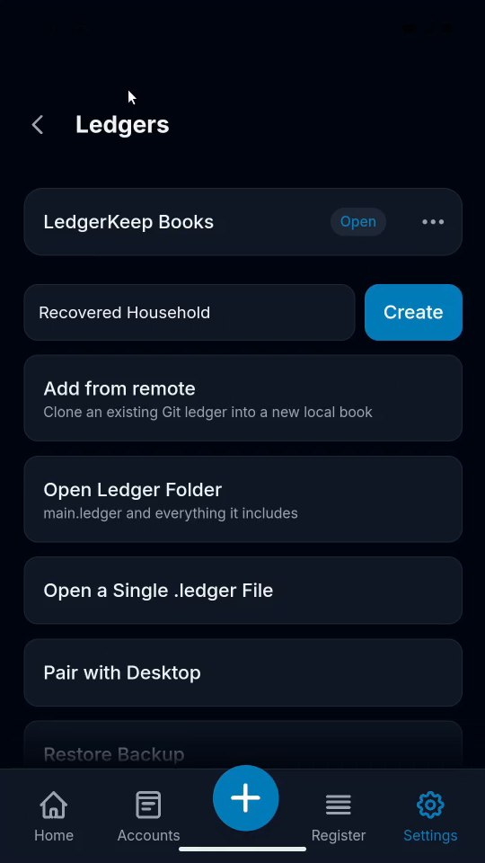 2 · Name the recovered book. Enter Recovered Household in New ledger name.