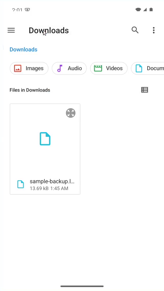 3 · Find the backup. Tap Restore Backup. In the file picker, open Downloads.