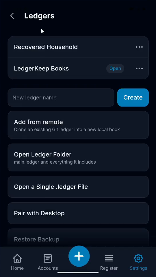 4 · Restore the package. Choose sample-backup.ledgerkeep-backup. Wait for Recovered Household to appear.