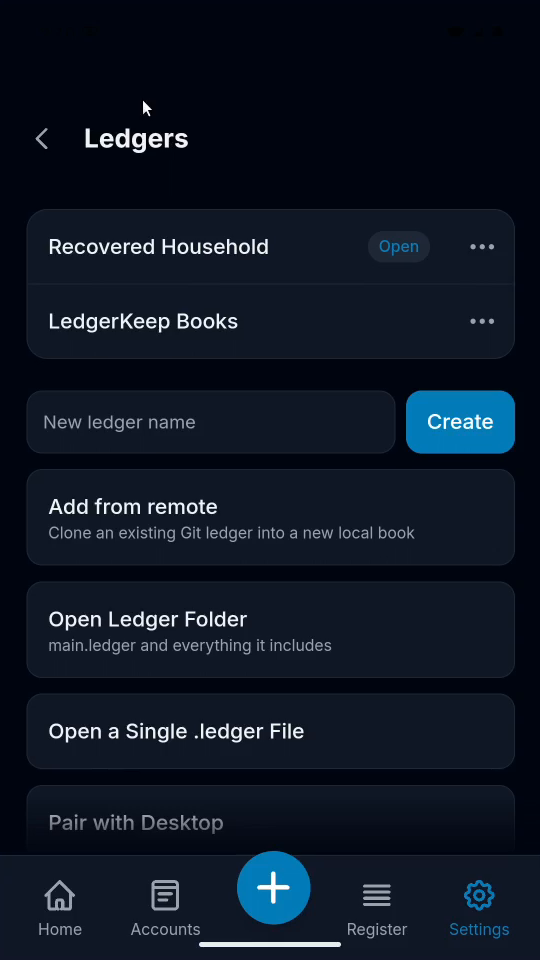 1 · Open the recovered book. In Ledgers, tap Recovered Household. Tap OK and wait for it to open.