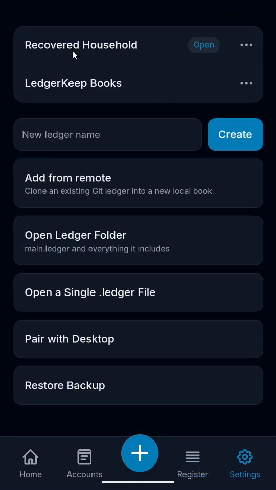 3 · Return to the ledger list. Open Settings, then Manage in the Project section.