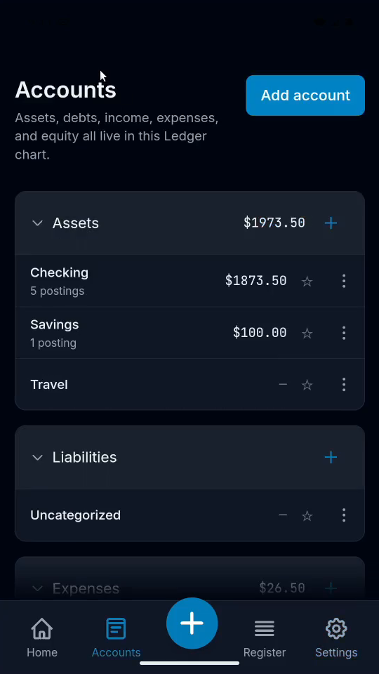 4 · Switch back and verify. Tap LedgerKeep Books, confirm OK, then Accounts. Checking is still $1,873.50.