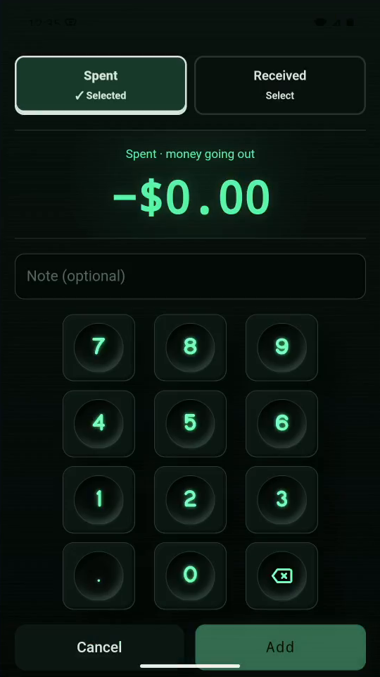 1 · Start an entry. Tap the + button. Leave Spent selected.