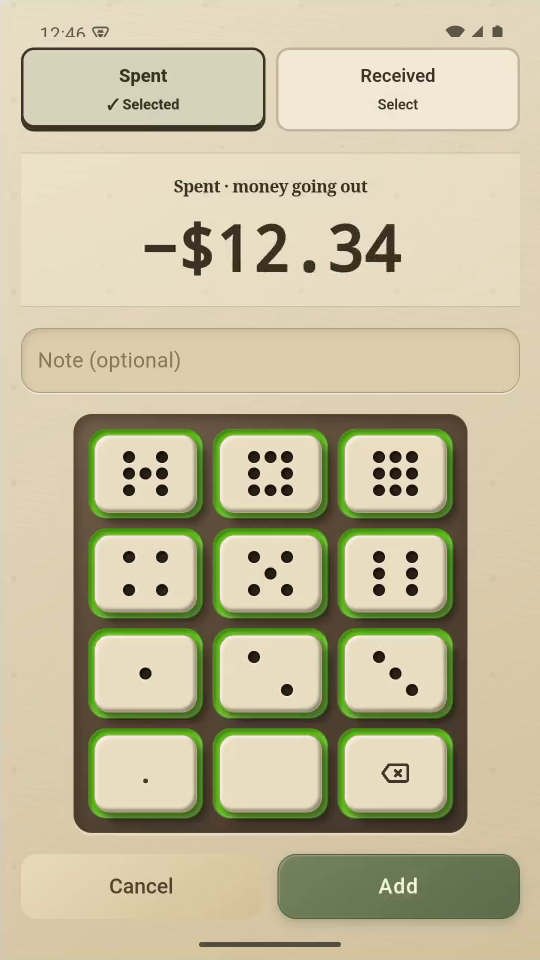 4 · Enter with dice pips. Tap the keys for 1, 2, 3, 4. They still enter $12.34.