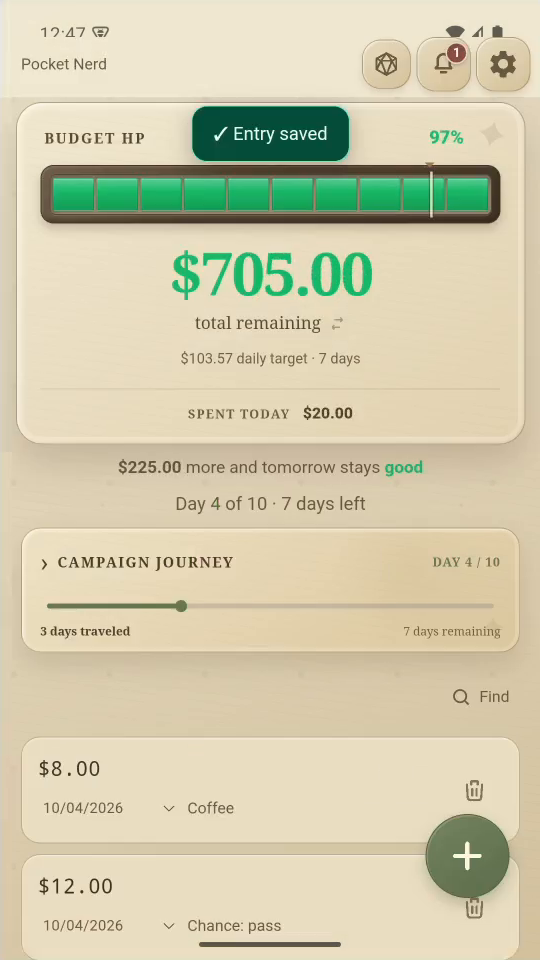 2 · Log the purchase. Tap + and enter 800 for $8.00. Add the note Coffee, then tap Add.