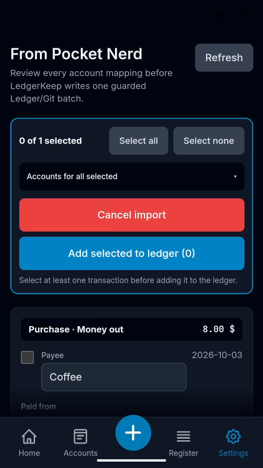 3 · Send for review. Tap Review 1 in LedgerKeep. LedgerKeep opens its review inbox.