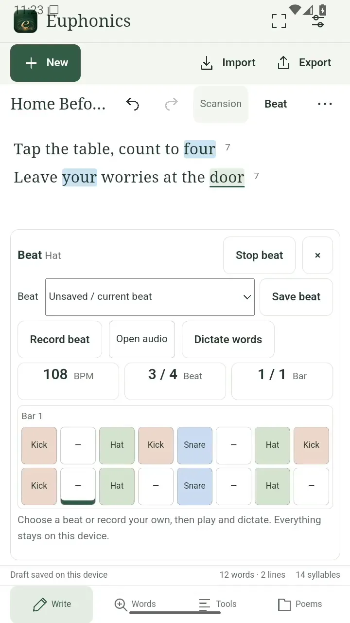 Euphonics Beat panel with Play beat and Dictate words controls