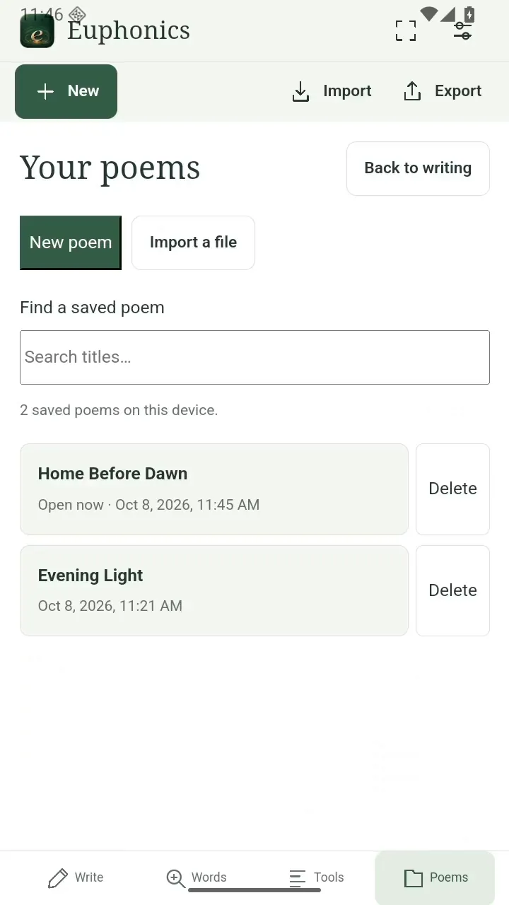 Euphonics on Android: browse your poems