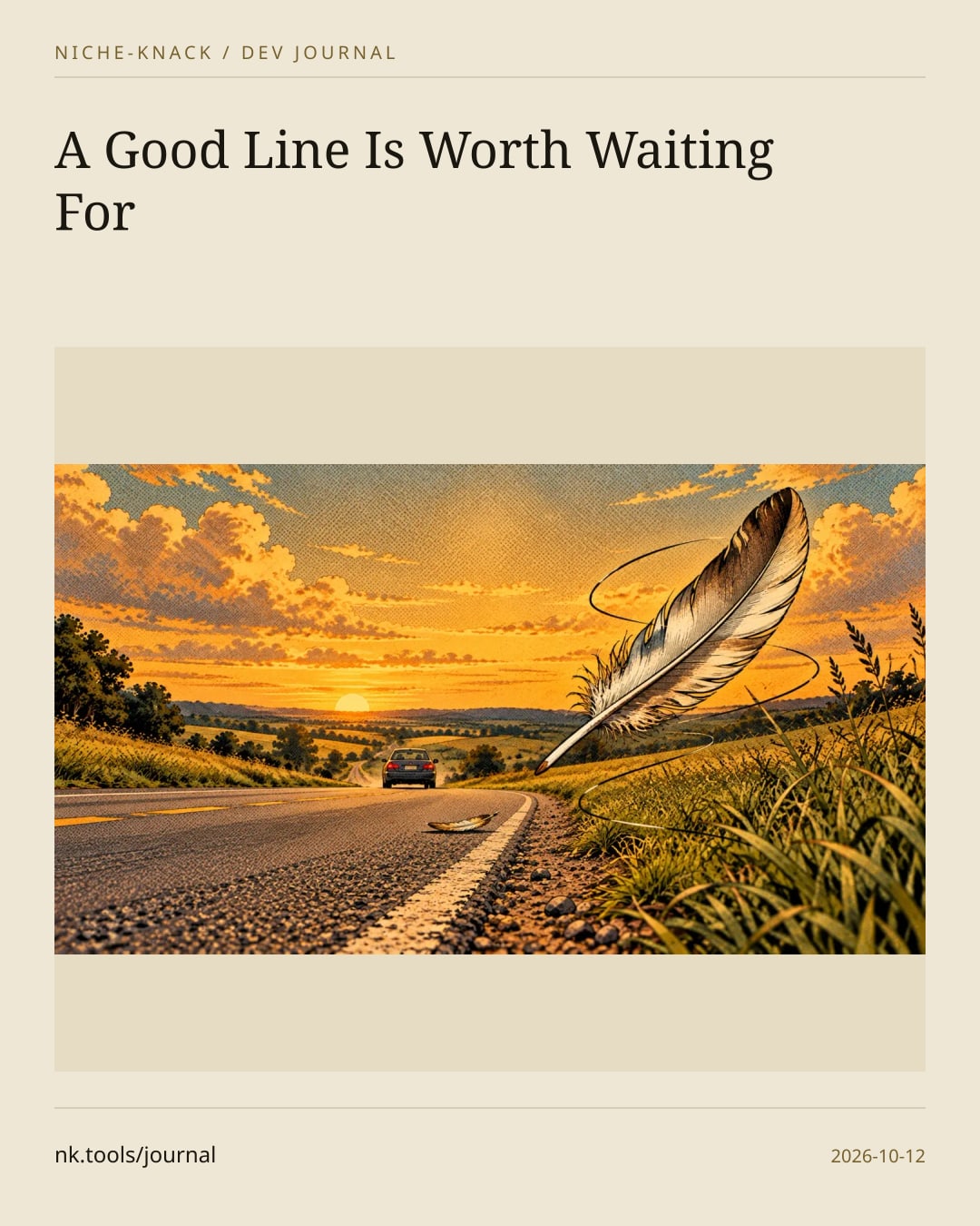 An illustrated country road at sunset. A car drives away toward the horizon, a large goose feather drifts down over the roadside grass, and a smaller feather lies on the pavement.