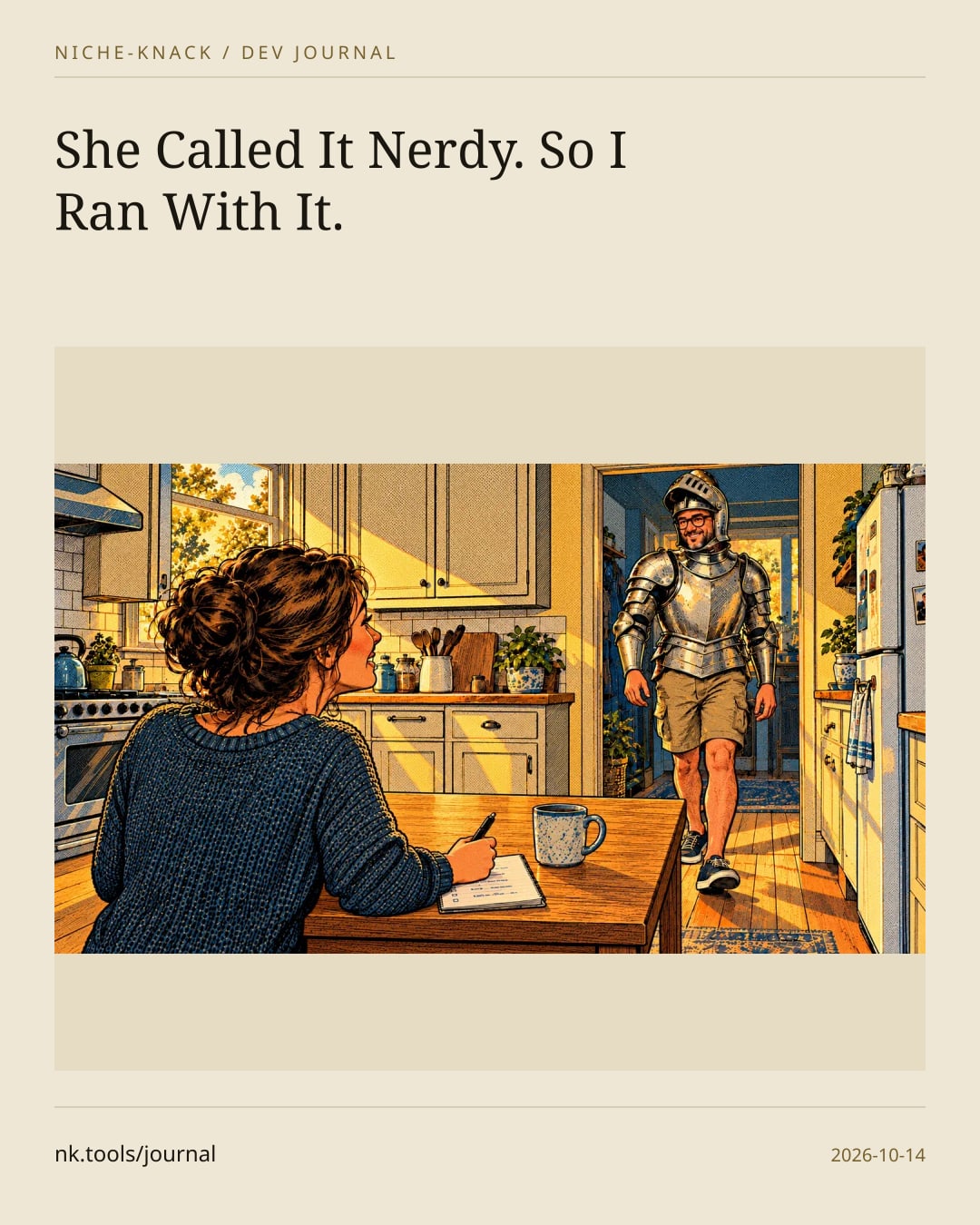An illustrated kitchen in warm afternoon light. A woman with curly hair in a bun sits at a wooden table with a coffee mug and a notepad, smiling up as a grinning man in glasses walks in wearing a knight’s helmet and armor over cargo shorts and sneakers.