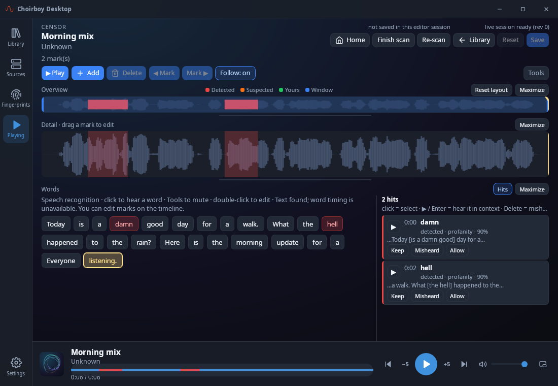 Choirboy’s optional desktop editor showing filtered words alongside their waveform marks