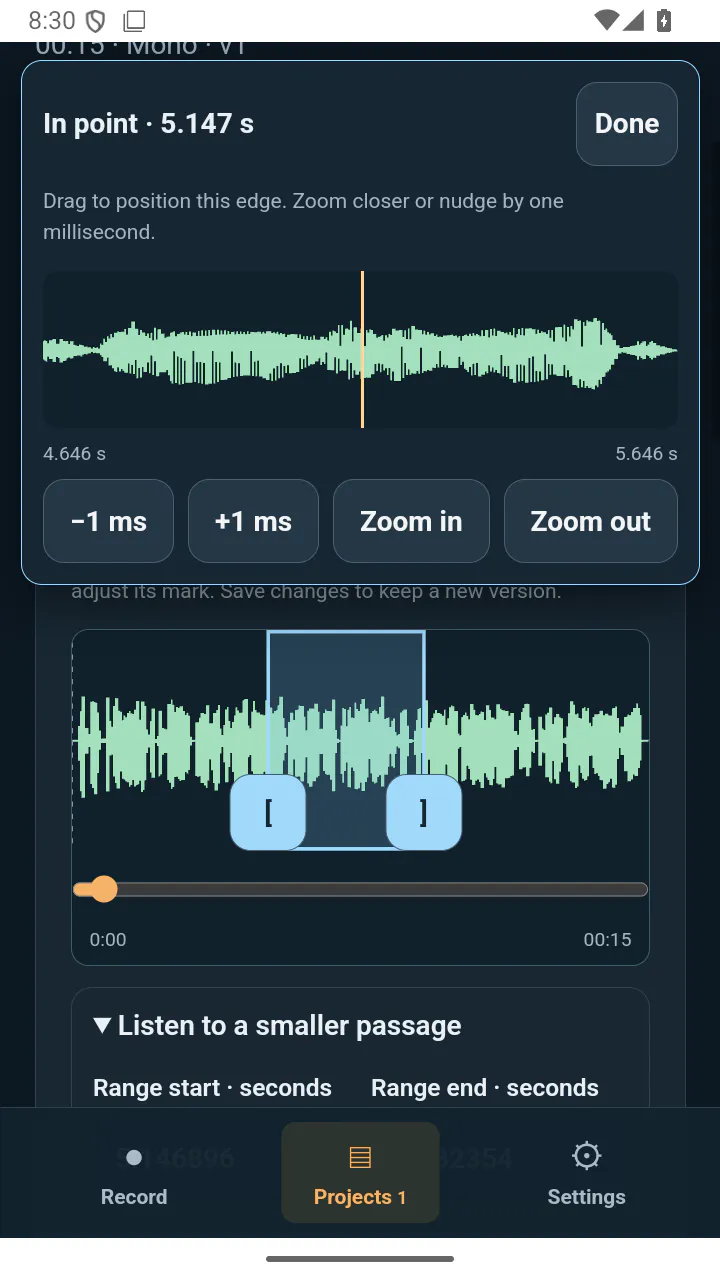 Clip Dr. on Android with a selected waveform passage and the zoomed In-point controls open for fine-tuning