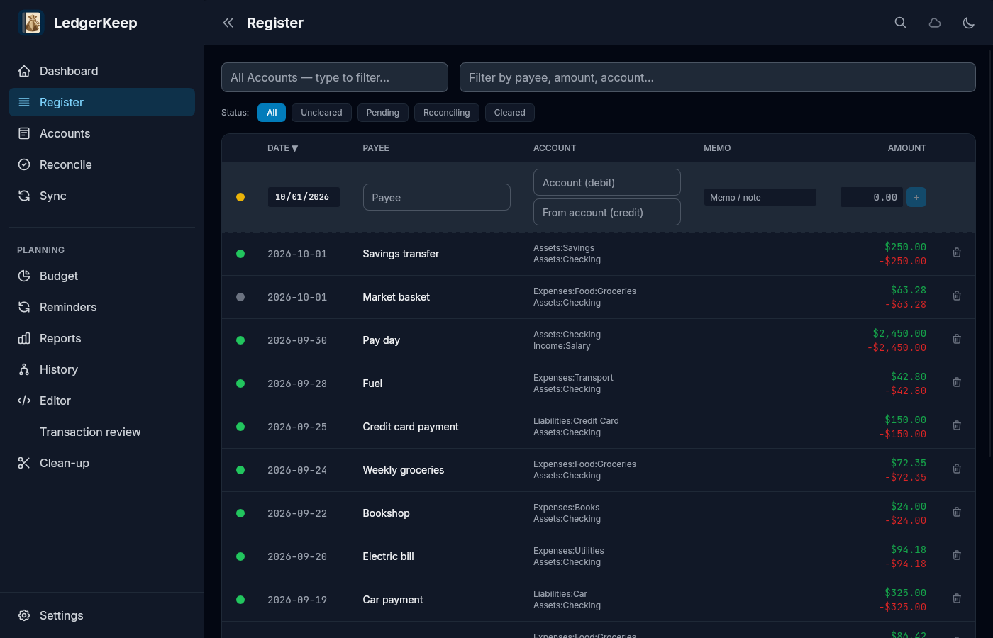 LedgerKeep desktop register showing sample transactions and account balances